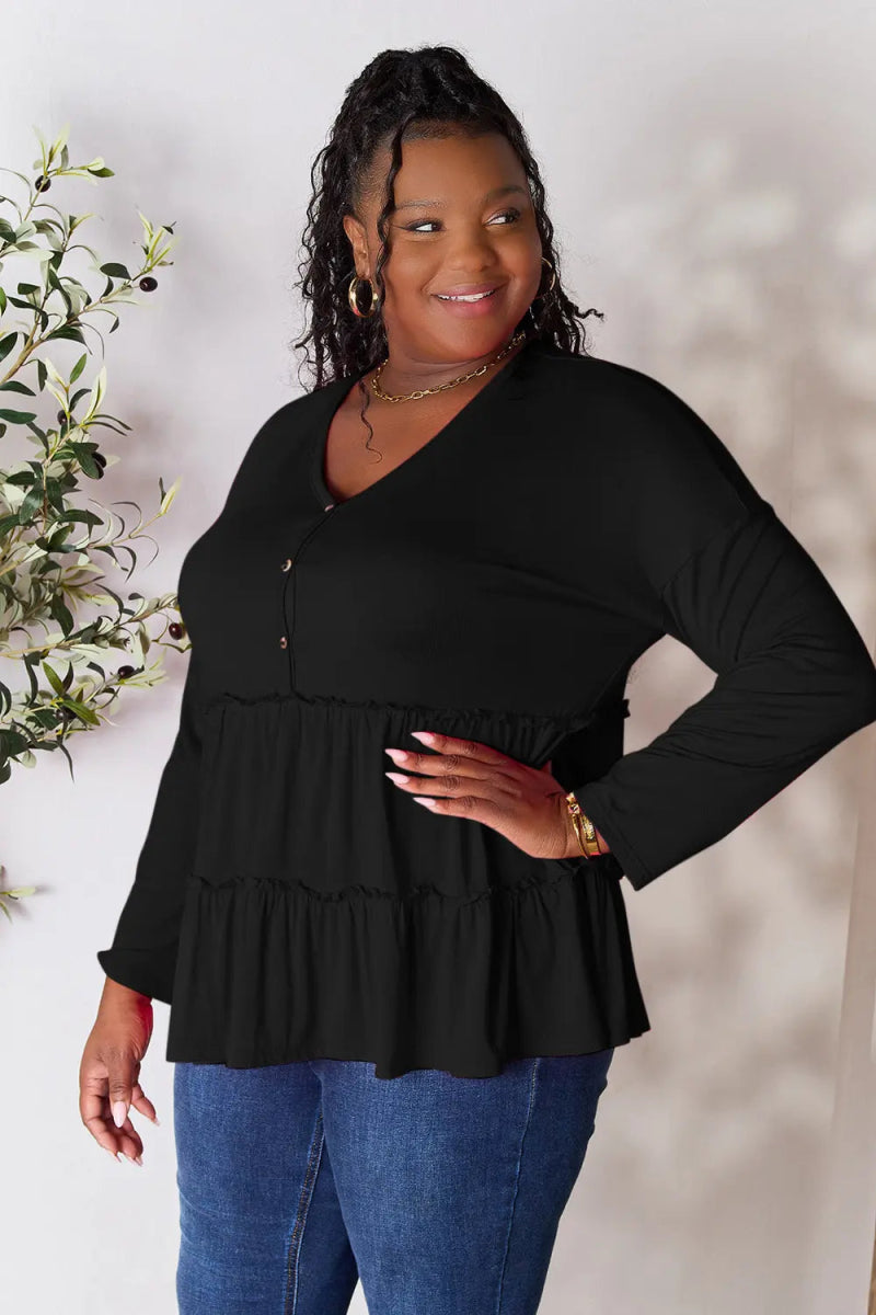 Double Take Half Button Long Sleeve Ruffle Hem Blouse - Love Salve